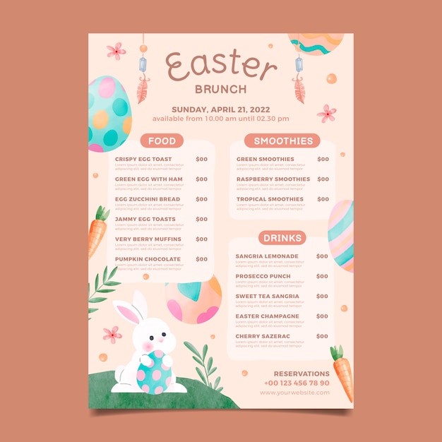 Bezpłatny wektor szablon menu akwareli wielkanocnego brunch