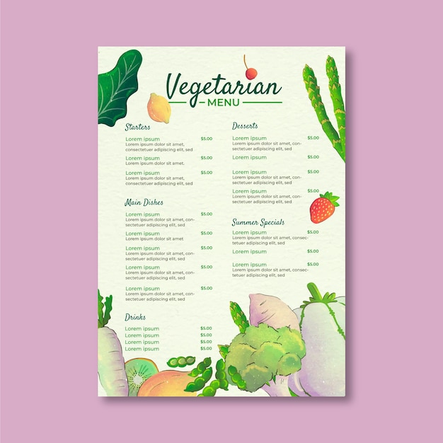 Bezpłatny wektor szablon menu akwarelowego zdrowego wegetariańskiego