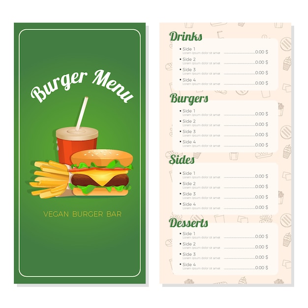 Bezpłatny wektor szablon menu burger dla restauracji