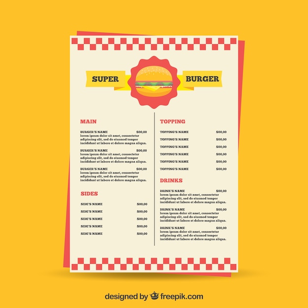 Bezpłatny wektor szablon menu fast food z kolorowymi elementami
