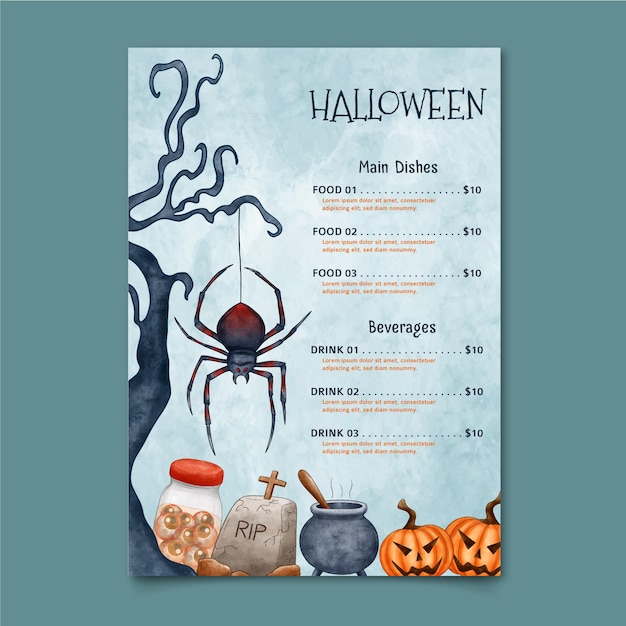 Szablon Menu Halloween Pająk Akwarela