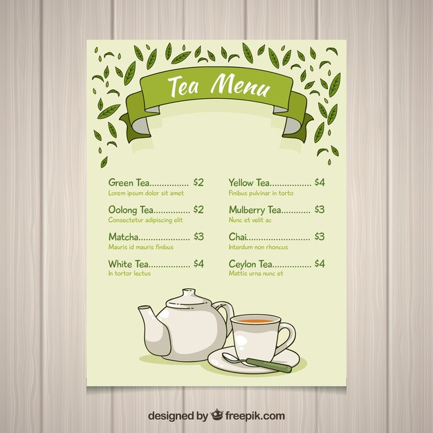 Szablon menu herbaty o różnych smakach