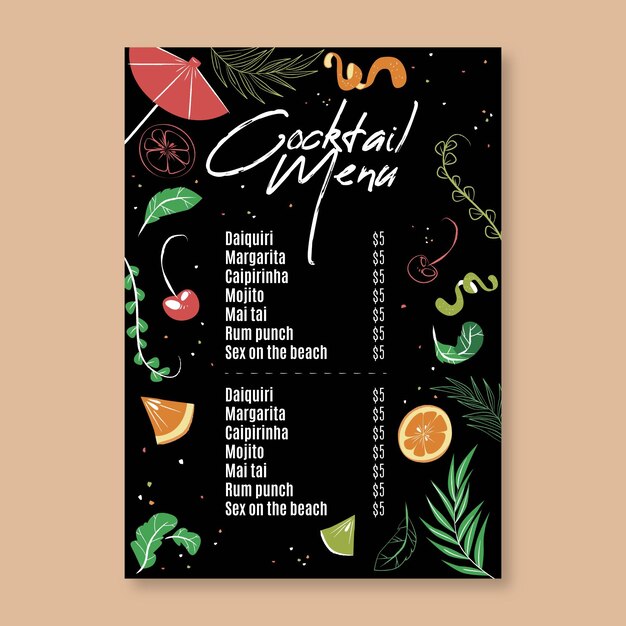 Szablon menu koktajli