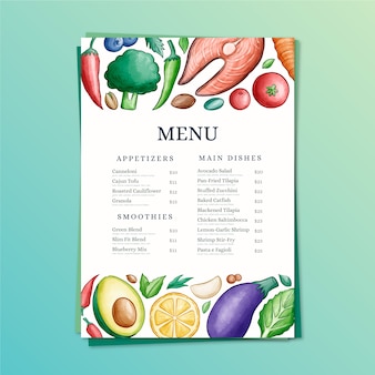 Szablon menu restauracji akwarela zdrowej żywności