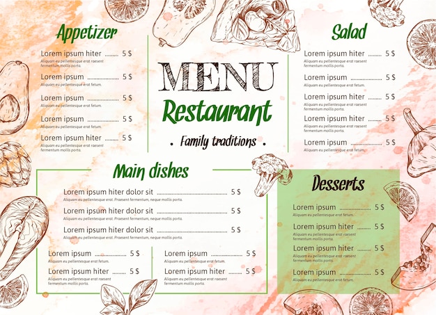 Bezpłatny wektor szablon menu restauracji akwarela