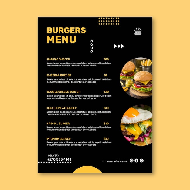 Bezpłatny wektor szablon menu restauracji burgery