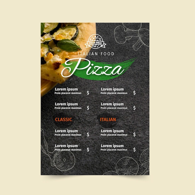 Bezpłatny wektor szablon menu restauracji pizzy