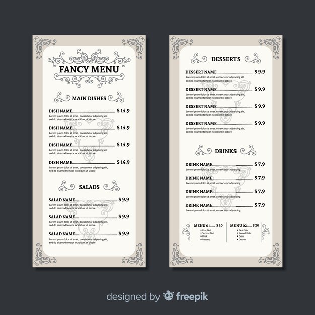 Szablon menu restauracji z eleganckimi ornamentami