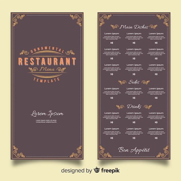 Bezpłatny wektor szablon menu restauracji z eleganckimi ornamentami