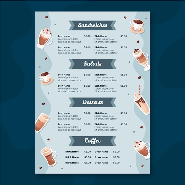 Bezpłatny wektor szablon menu restauracji z kawą