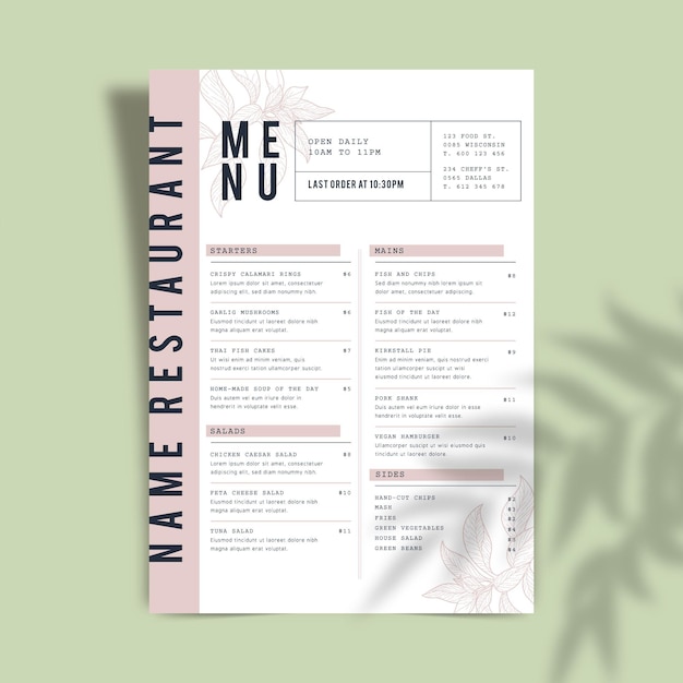 Bezpłatny wektor szablon menu restauracji