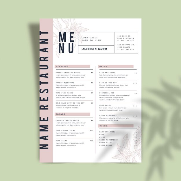Szablon menu restauracji