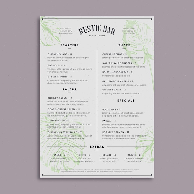 Bezpłatny wektor szablon menu rustykalnej restauracji