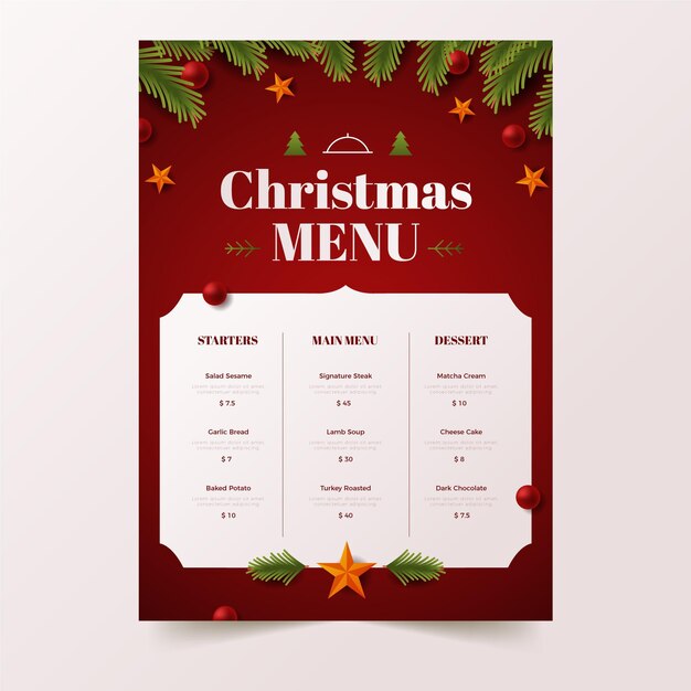 Szablon menu świąteczne w płaskiej konstrukcji