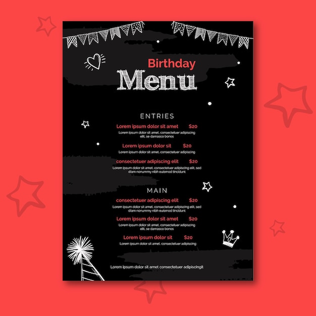 Bezpłatny wektor szablon menu urodziny z ilustracjami