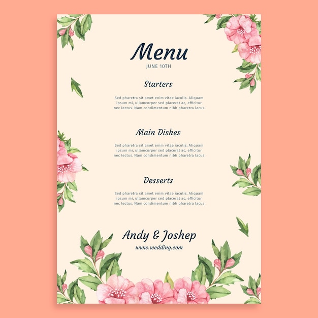 Bezpłatny wektor szablon menu wesele kwiatowy