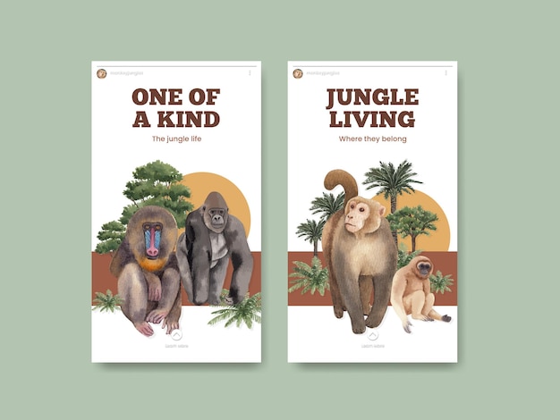 Bezpłatny wektor szablon na instagram z małpą w dżungli koncept akwarela stylexa