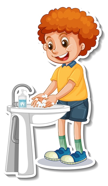 Bezpłatny wektor szablon naklejki z chłopcem myjącym ręce