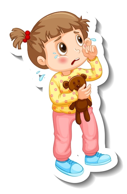 Bezpłatny wektor szablon naklejki z małą dziewczynką płaczącą postacią z kreskówek na białym tle