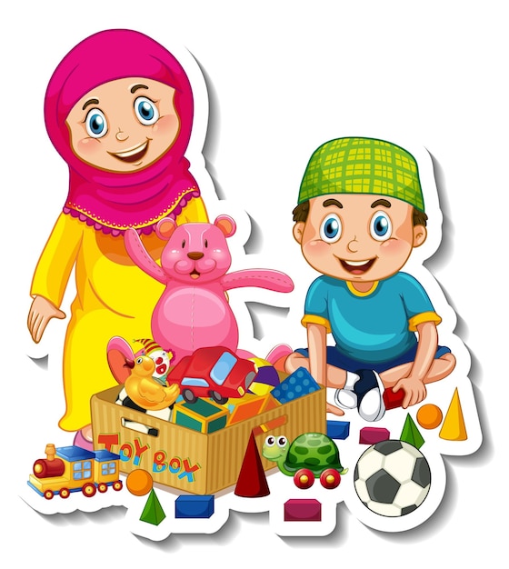 Szablon naklejki z parą muzułmańskich dzieci kreskówka na białym tle