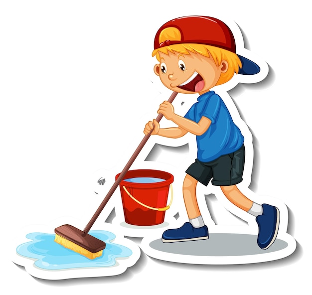 Bezpłatny wektor szablon naklejki z postacią z kreskówki sprzątającego chłopca na białym tle
