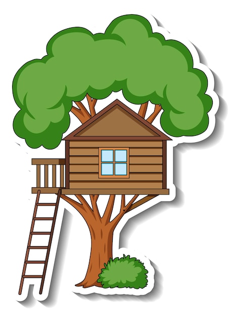 Bezpłatny wektor szablon naklejki z wyizolowanym domkiem na drzewie