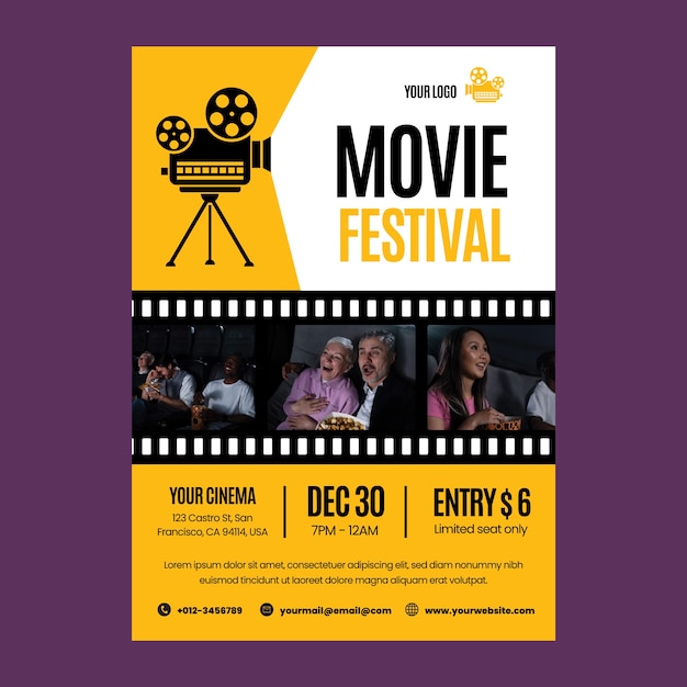 Bezpłatny wektor szablon pionowego plakatu kina i festiwalu filmowego