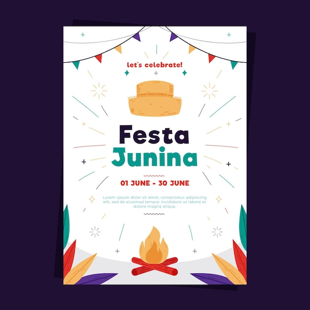 Bezpłatny wektor szablon plakat festa junina w płaska konstrukcja