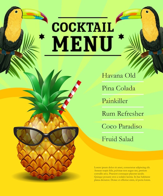 Szablon plakat menu koktajlowe. Ananas w okularach przeciwsłonecznych, tukany, liście palmowe