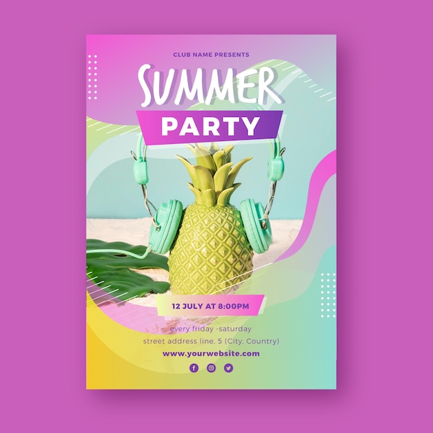 Bezpłatny wektor szablon plakat party lato ze zdjęciem
