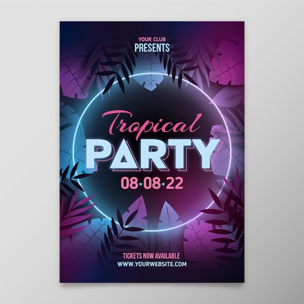 Bezpłatny wektor szablon plakat tropikalny party z neonowych liści