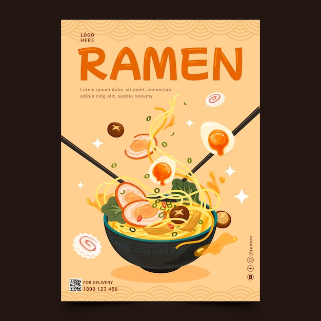 Bezpłatny wektor szablon plakatu ramen o płaskim wzorze