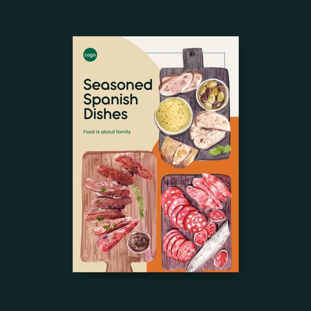 Szablon plakatu z koncepcją kuchni hiszpańskiej dla ilustracji akwarela broszury i ulotki