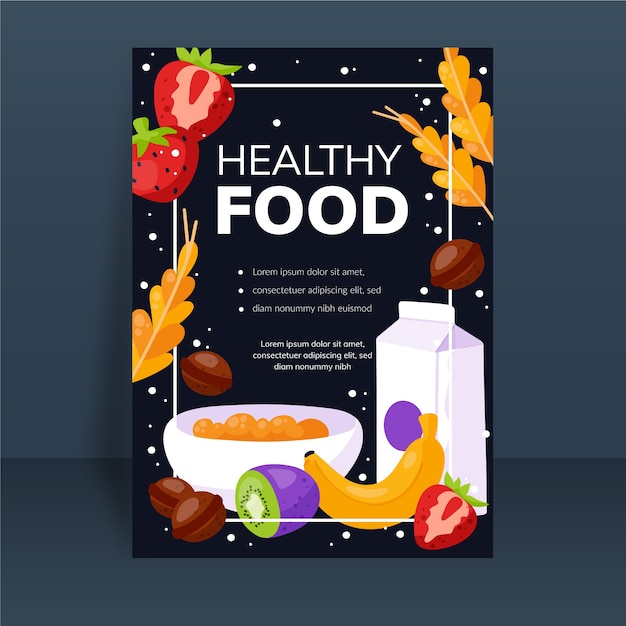 Bezpłatny wektor szablon plakatu zdrowej żywności z ilustrowanymi pokarmami