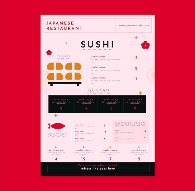 Bezpłatny wektor szablon płaskiego menu japońskiej restauracji