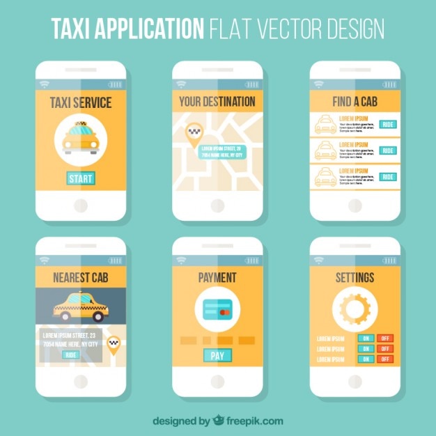 Bezpłatny wektor szablon płaskim styl aplikacji mobilnej dla taksówek