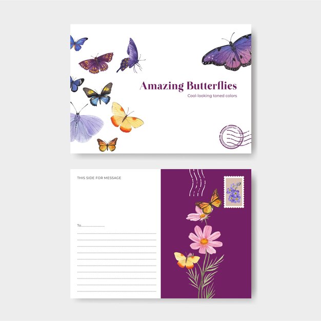 Szablon pocztówki z fioletowym i niebieskim motylem w stylu akwareli