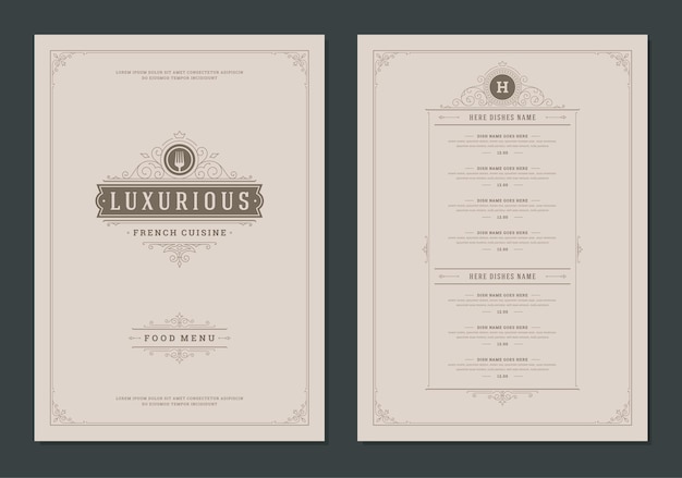 Szablon projektu menu z okładką i broszurą wektor logo vintage. ilustracja symbol widelec i ozdoba rama i wiruje ozdoba.
