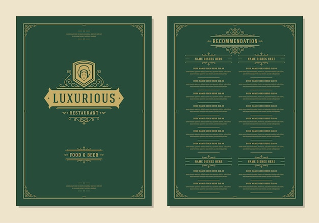 Szablon projektu menu z okładką i broszurą wektorową rocznika logo restauracji.