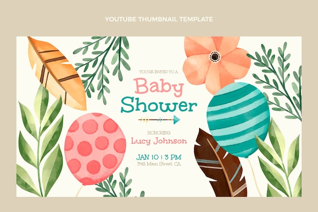 Bezpłatny wektor szablon projektu miniatury youtube akwarela baby shower