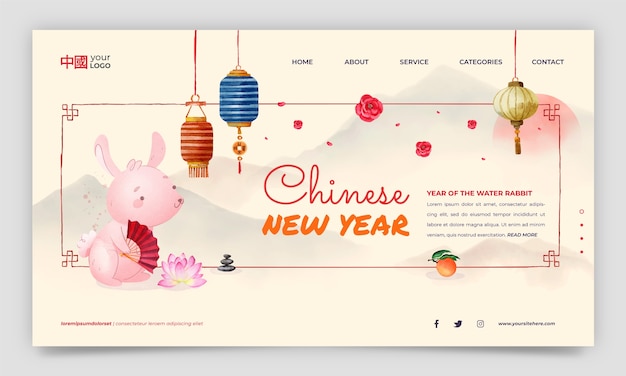 Bezpłatny wektor szablon strony docelowej akwareli chińskiego nowego roku