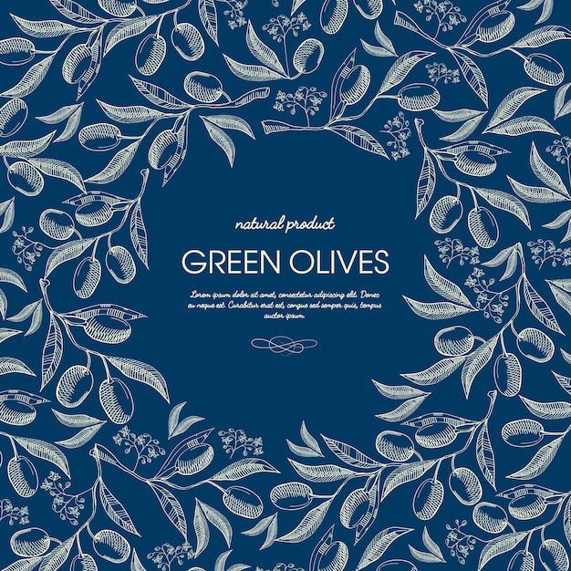 Bezpłatny wektor szablon szkic streszczenie naturalny produkt z tekstem i zielone gałązki oliwne na niebiesko