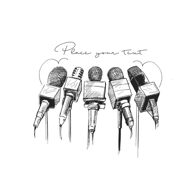 Szablon wiadomości na żywo z mikrofonem Koncepcja dziennikarstwa Ręcznie rysowane szkic ilustracji wektorowych