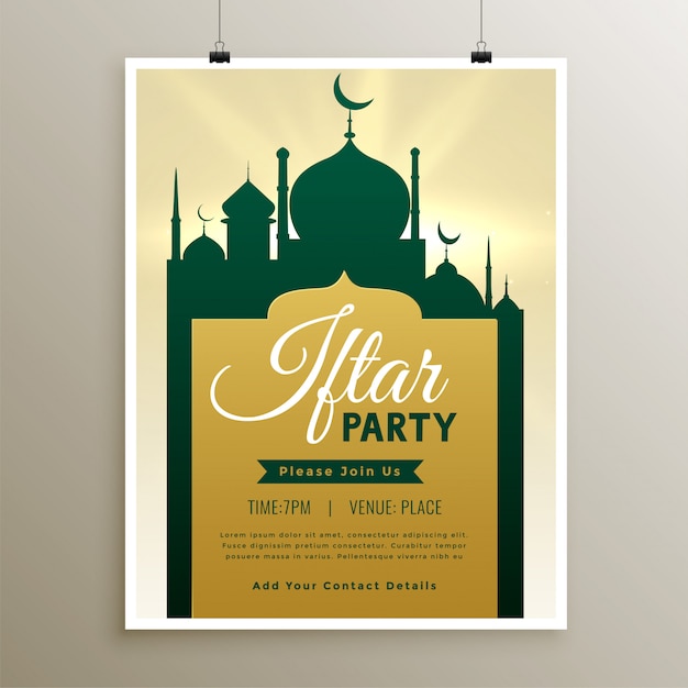 Bezpłatny wektor szablon zaproszenia partii iftar z projektem meczetu
