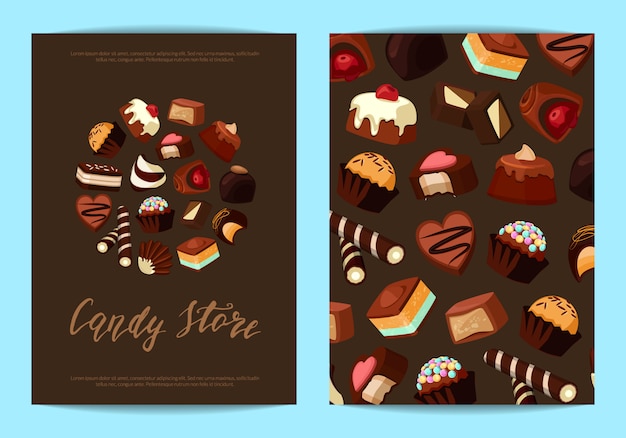 Szablony ulotki karty ustawione z kreskówki czekoladowe cukierki i miejsce na tekst