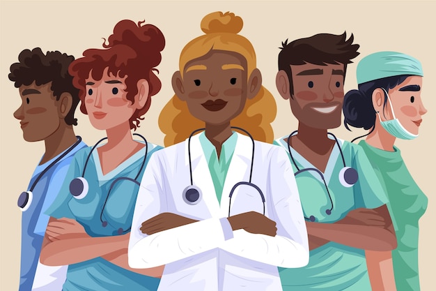 Szczegółowa ilustracja lekarzy i pielęgniarek