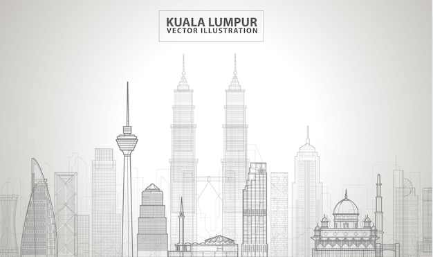 Szczegółowa sylwetka Kuala Lumpur. Ilustracja wektorowa linii.