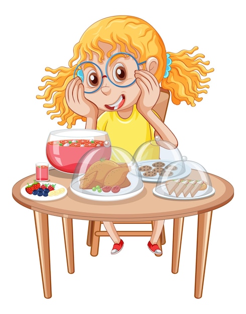 Bezpłatny wektor szczęśliwa dziewczyna jedząca posiłek przy stole
