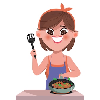 Szczęśliwa ładna dziewczyna szef kuchni gotuje tajskie jedzenie pad kra pao przepis