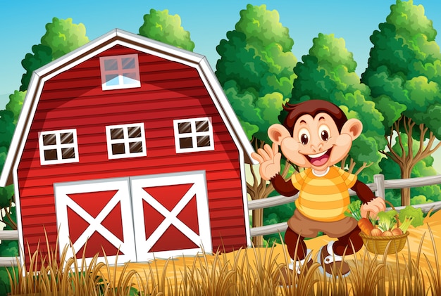 Bezpłatny wektor szczęśliwa małpa przy rolnym domem